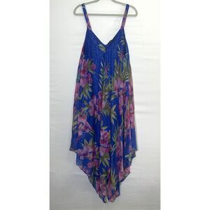 Mlle Gabrielle Women's Flowy Boho Dress Size 1X Blue Pink Asymmetric Scarf Hem